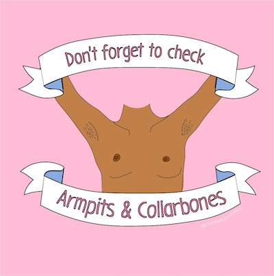 Graphic of person holing up a sign for Remember your collarbones and armpits section